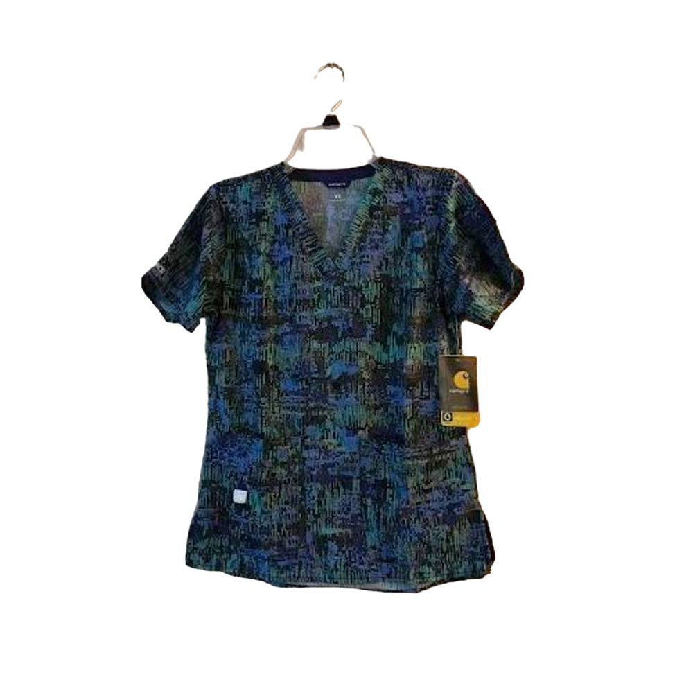 Women's Carhartt Scrub Top Beautiful Pattern Size XS V Neck Green Black Purple
